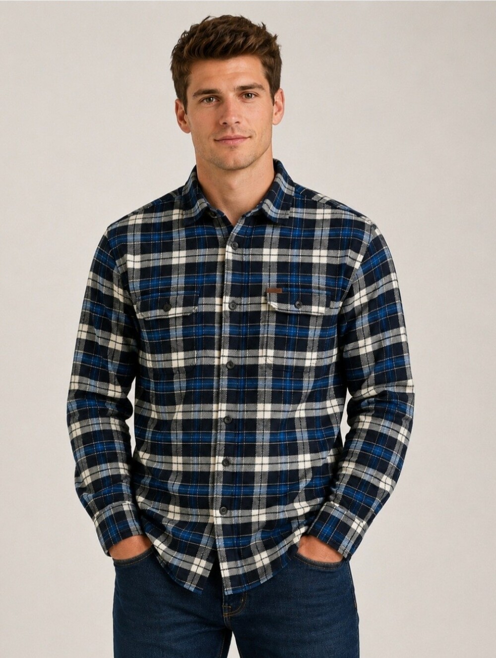 Orvis Flannel Shirt Mens Large Blue Plaid Button Front Heavyweight Outdoor